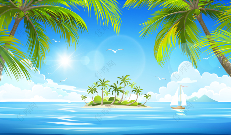 蓝天白云海水椰子树背景素材