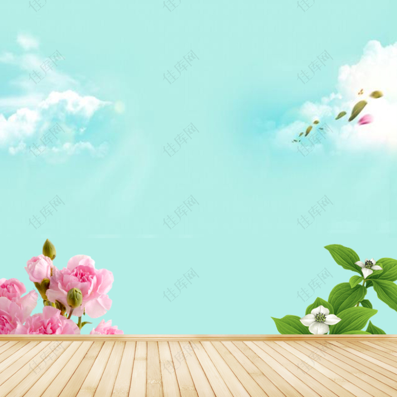 唯美蓝天白云浪漫粉色玫瑰绿草地板背景素材