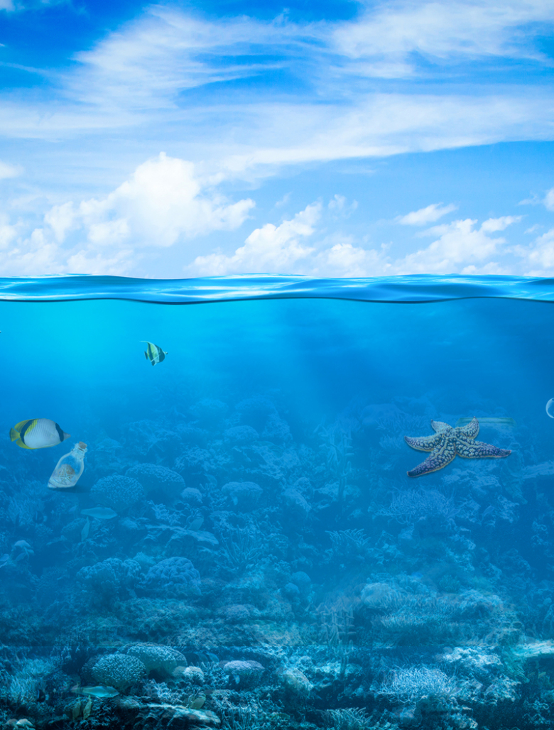 蓝天白云风景海面海底鱼类背景素材