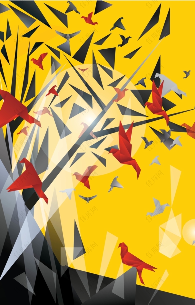 树枝上的千纸鹤和三角形背景素材