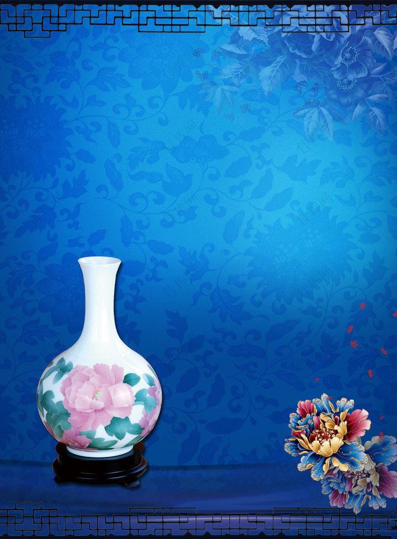 蓝色背景下的青花瓷背景图片素材 佳库网