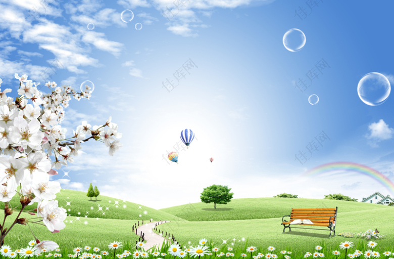 蓝天白云下草地上杏花彩红透明气泡图片