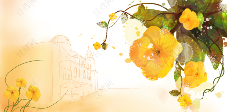 手绘黄色花朵喷绘水彩藤条印刷背景