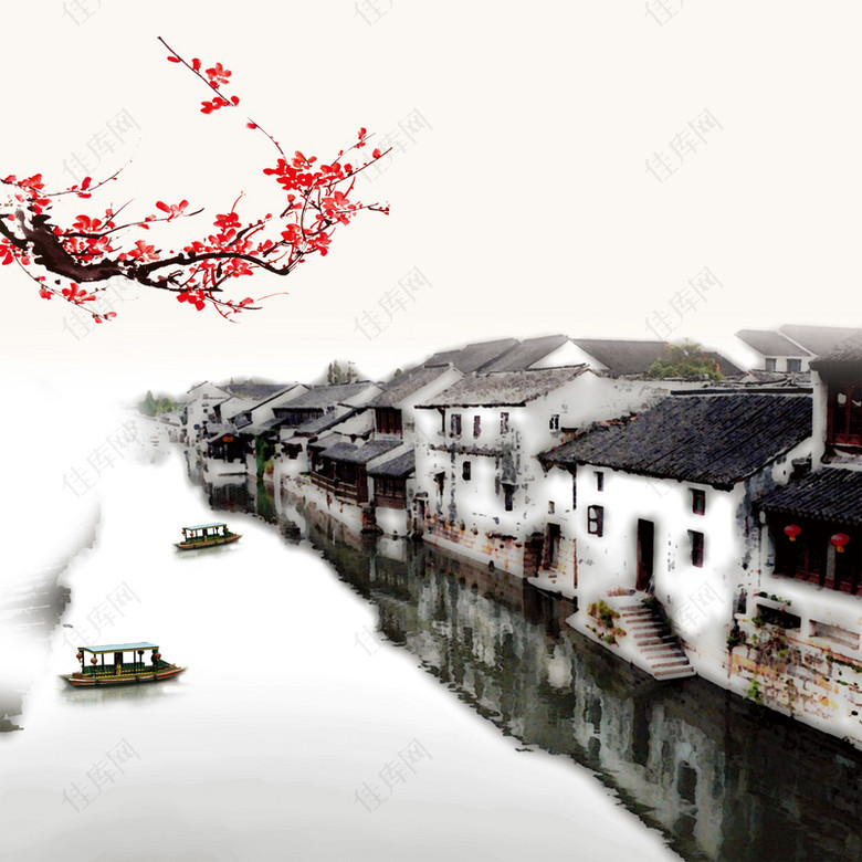 中国风水乡人家水墨画清明节海报背景素材