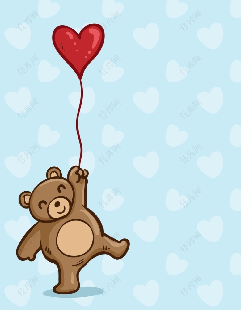 矢量卡通手绘心形气球小熊玩具背景素材