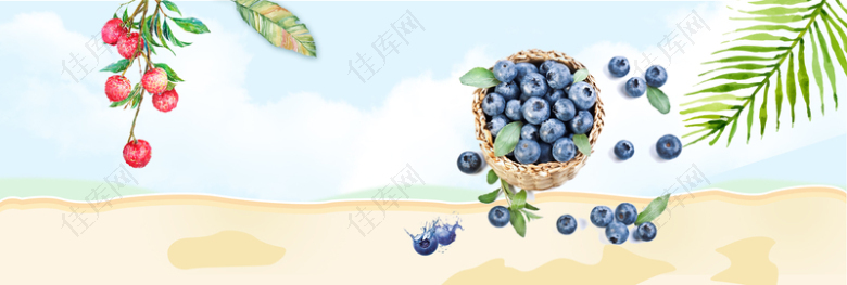 卡通手绘蓝莓荔枝水果电商banner