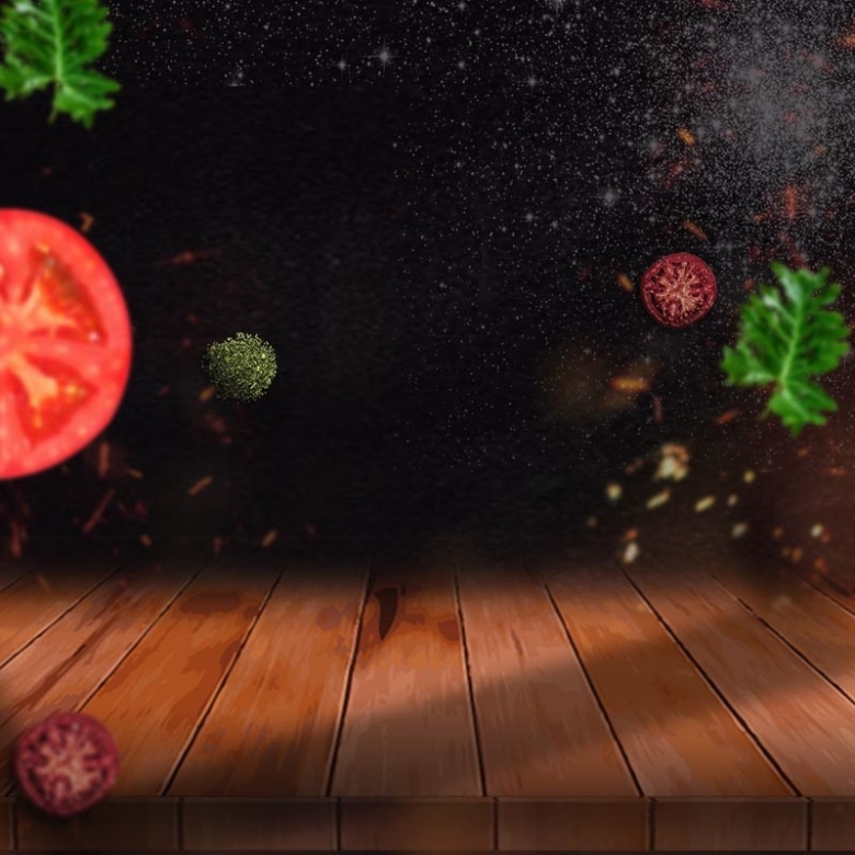 黑色火锅西红柿木板蔬菜水果背景
