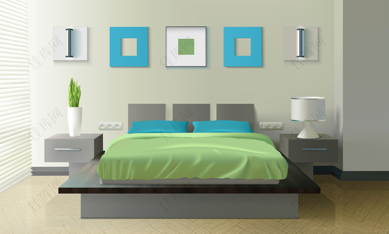 蓝绿色清新家居床灯画框背景素材