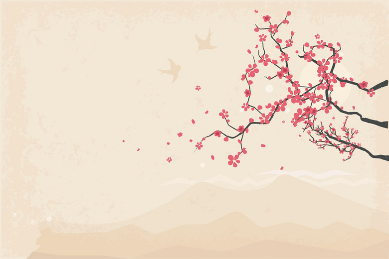 卡通扁平手绘日本樱花旅游复古背景素材
