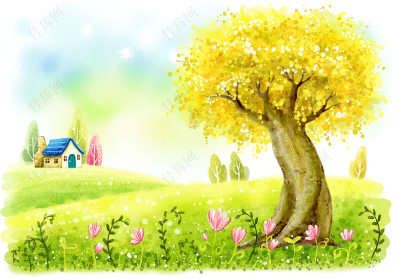手绘幼儿园插画黄色大树草地背景