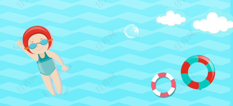 暑假游泳池游泳卡通手绘白云蓝色背景