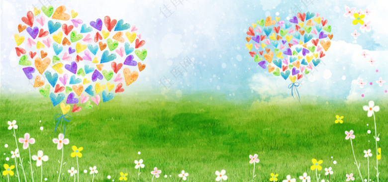卡通手绘绿色环保草地小花朵爱心气球海报banner