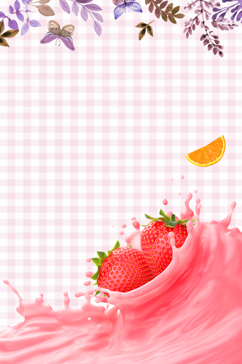 格子底纹鲜榨草莓汁饮料海报背景素材