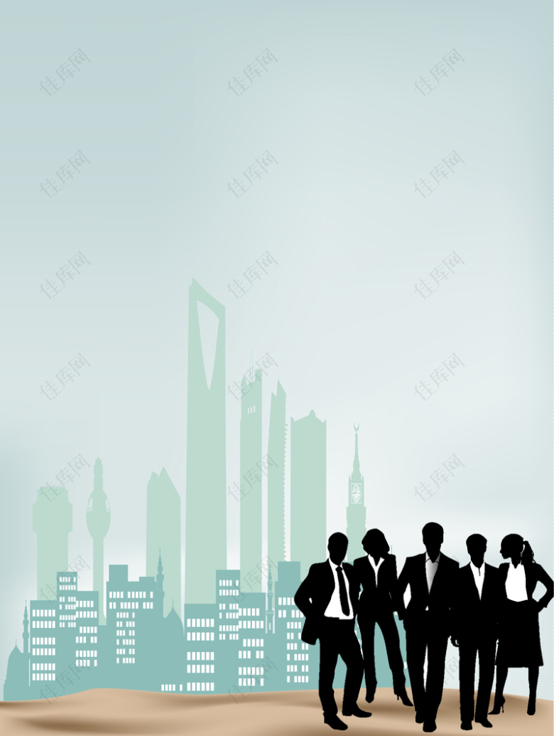 绿色清新城市大楼商业人物剪影海报背景
