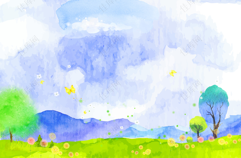 彩色手绘风景山水草地风景森林背景素材