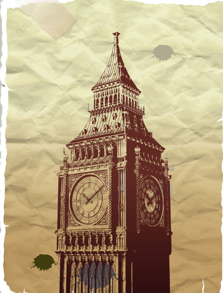 复古英伦大钟楼褶皱纸张创意封面背景