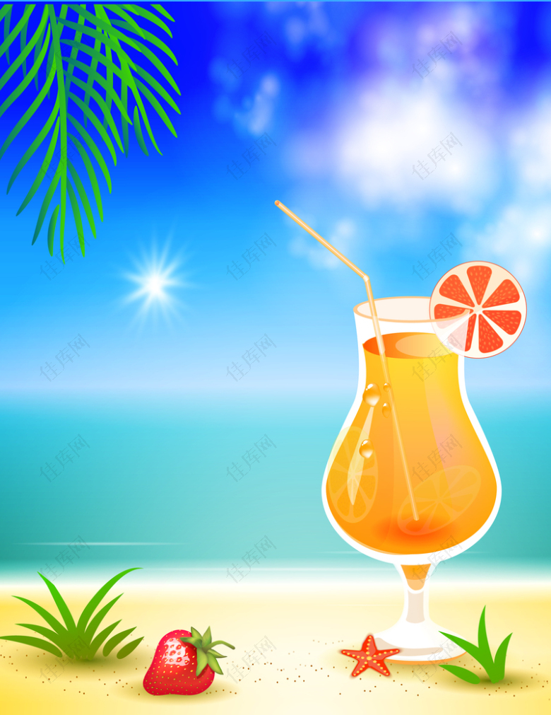 果汁沙滩促销卡通海报背景素材
