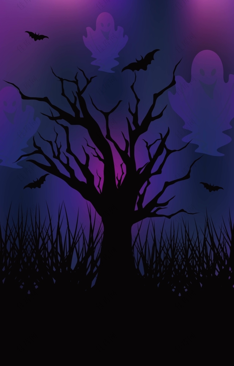 紫色树枝上的鬼怪和蝙蝠背景素材
