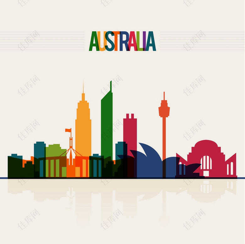 彩色澳大利亚城市剪影背景模板