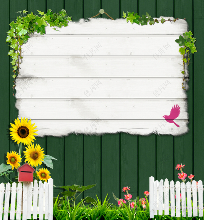 清新绿叶边框花卉木板背景素材