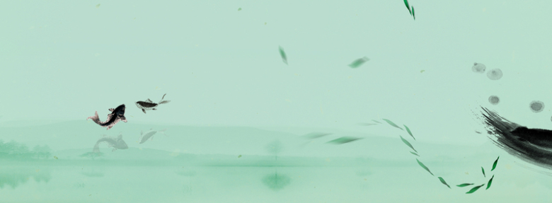 水墨柳叶鱼塘绿色背景素材