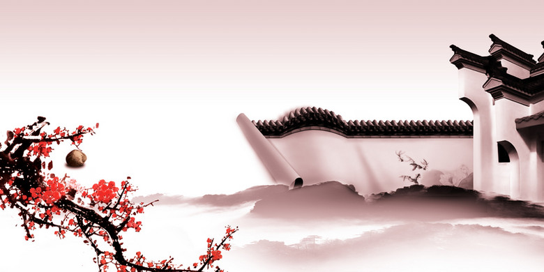 中国风桃花围墙红色背景素材