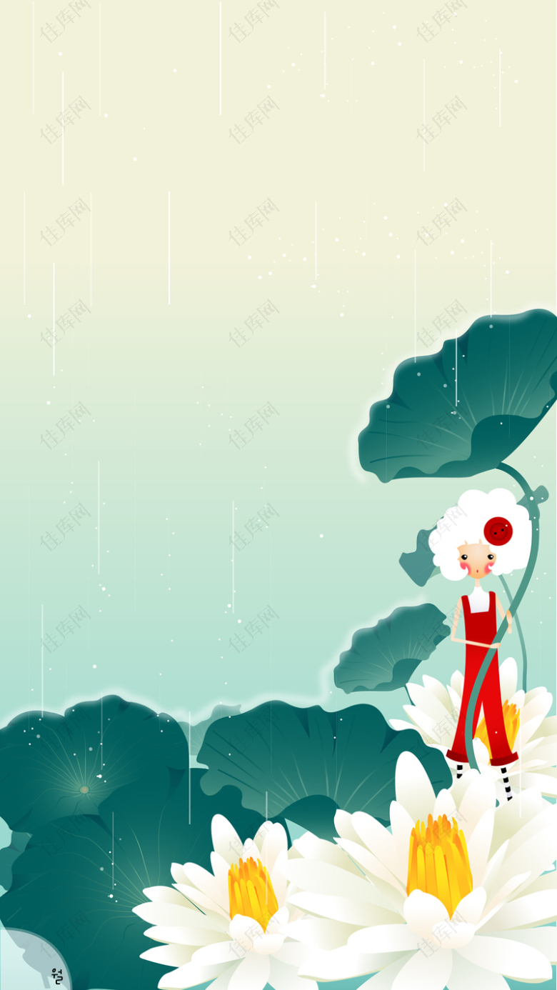韩国插画荷花下看雨的女孩