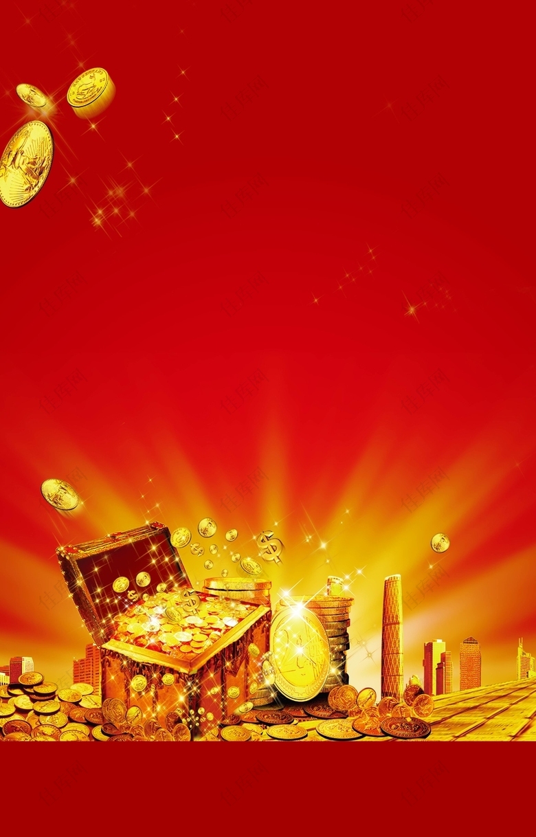 红色世界里的金钱宝箱背景素材