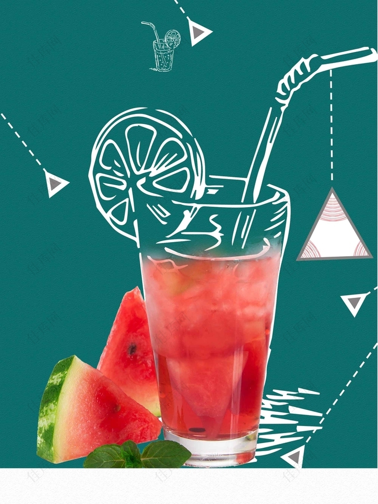 西瓜汁夏季果汁清新线条冷饮店海报背景模板
