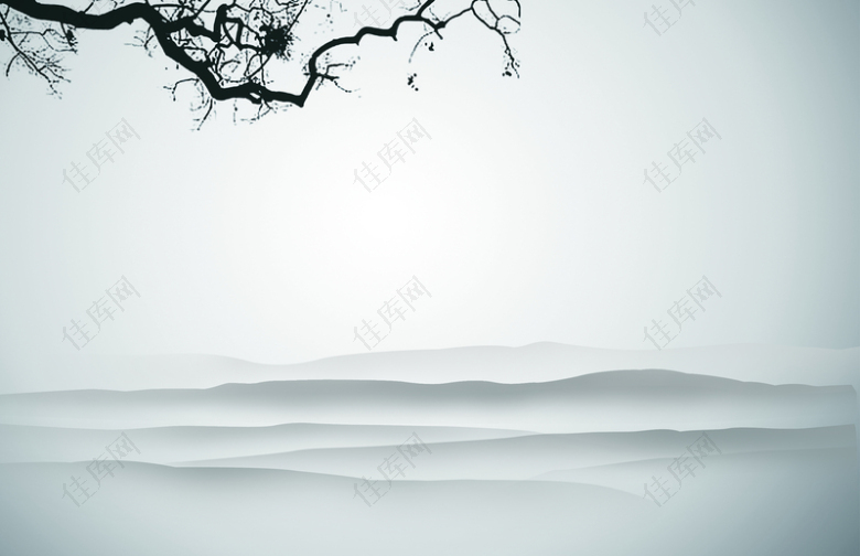 灰色中国风水墨画树枝浮云背景