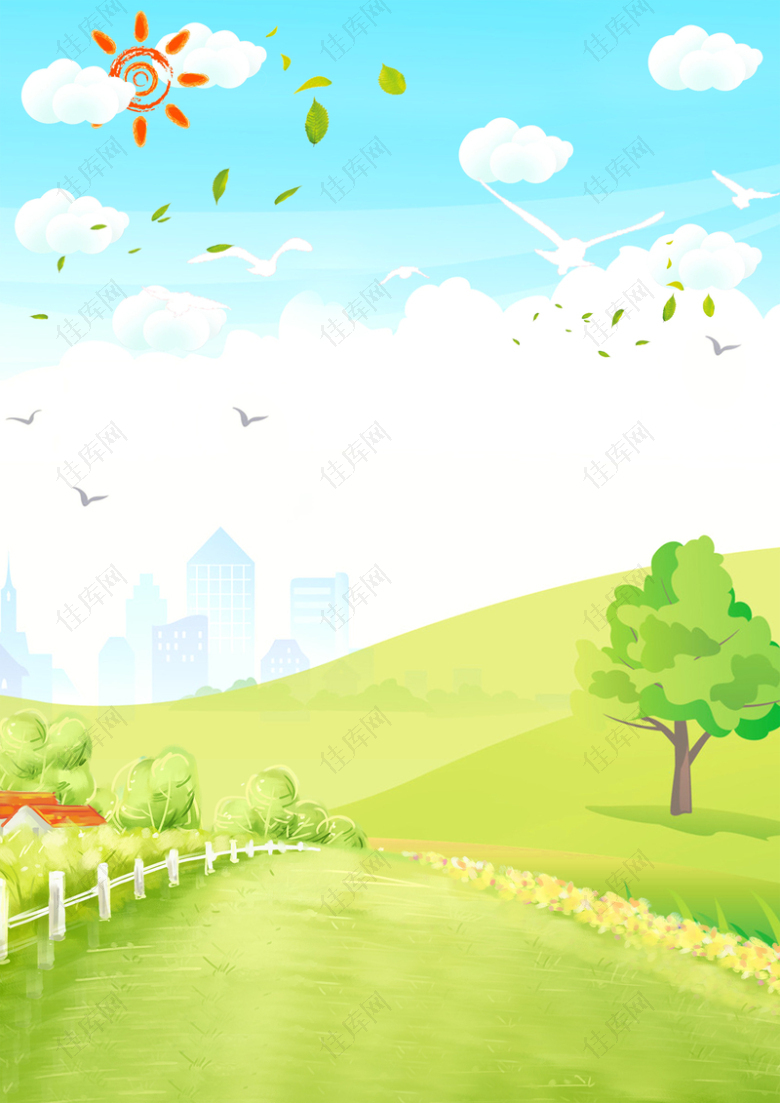 蓝天白云风景手绘绿色草地草原背景素材