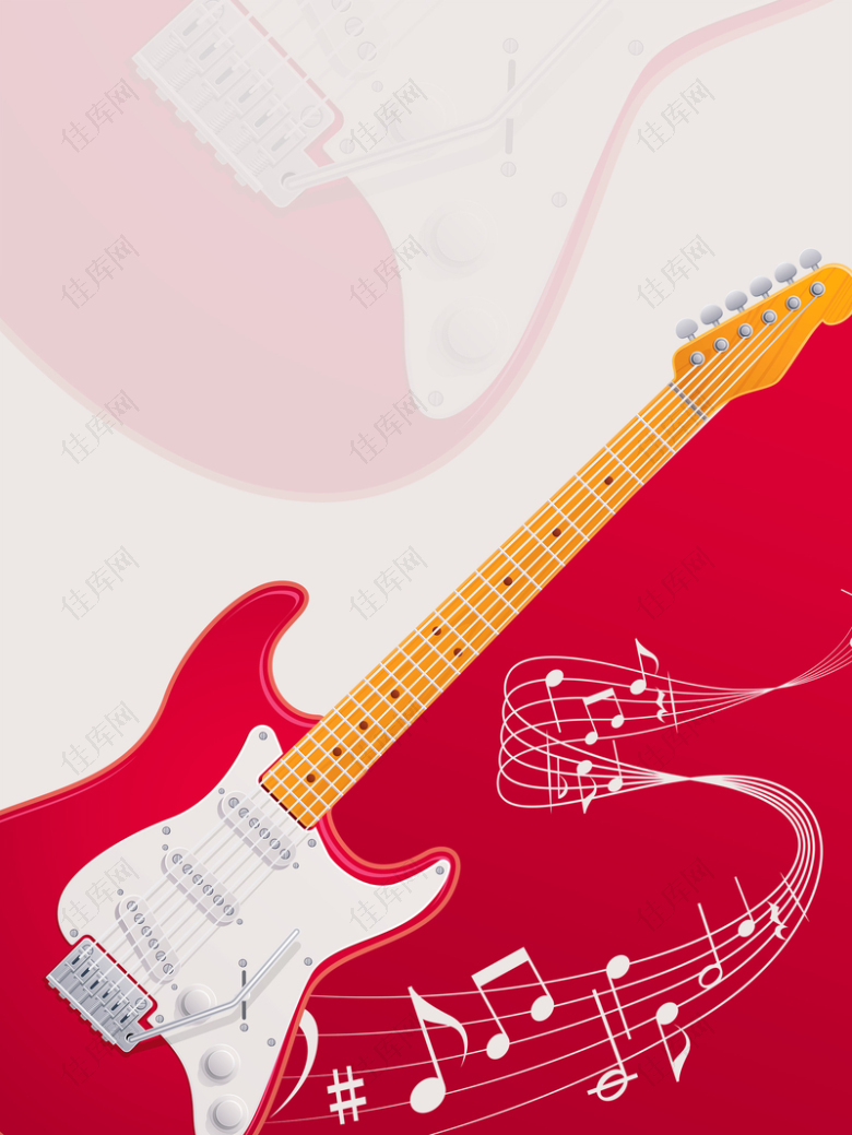 红色扁平喜庆吉他线条音乐乐符背景素材