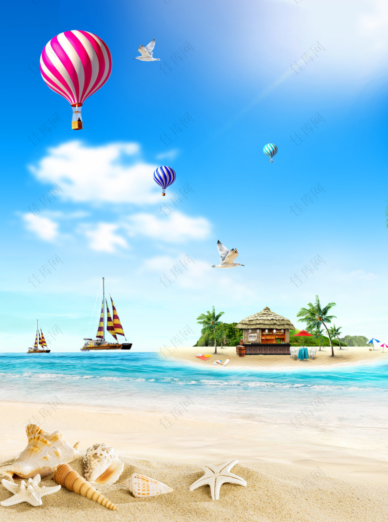 蓝天白云风景海滩沙滩气球岛屿背景素材