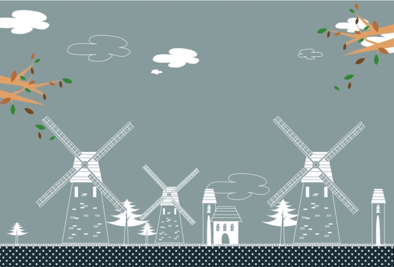 矢量手绘旅游荷兰风车背景素材