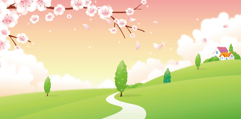 樱花绿树卡通背景素材