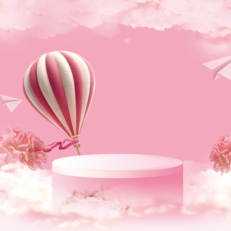 粉色渐变热气球高台摆台花朵云彩白云背景