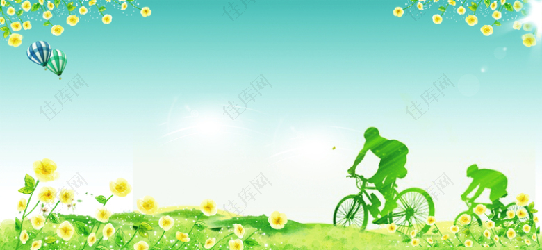 青少年绿色骑行几何渐变花朵背景