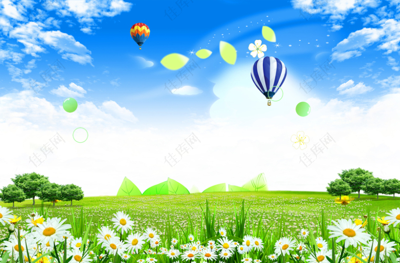 蓝天白云风景气球草地绿地鲜花背景素材