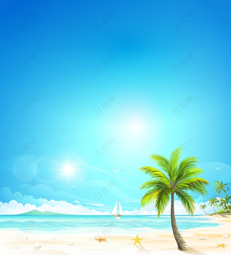 矢量蓝色夏日清新海洋度假沙滩背景