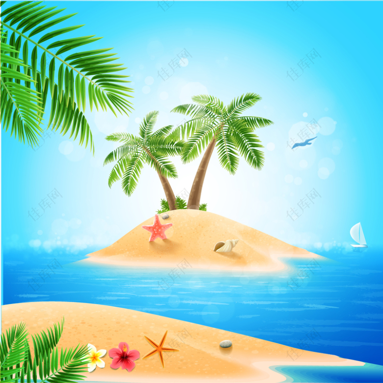 蓝天海岛沙滩椰子树