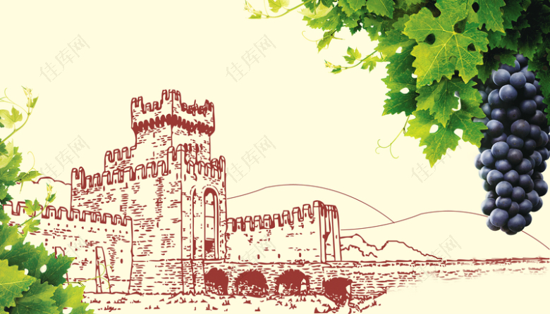 手绘城堡葡萄房地产红酒商业背景图