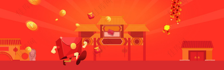 春节扁平几何红色电商海报背景
