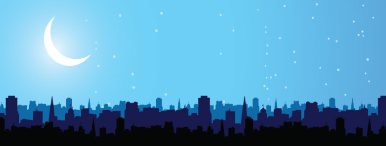 卡通夜景月亮城市剪影背景