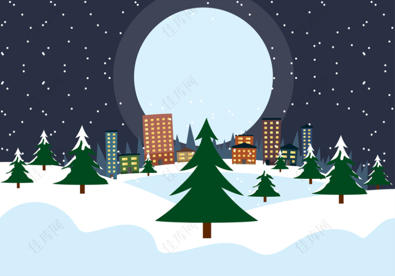 蓝色月夜卡通手绘冬季雪花风格场景设计