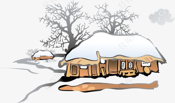 冬日雪景小屋枯树