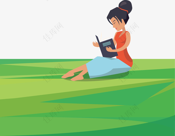 手绘卡通草地上看书的书女孩矢量