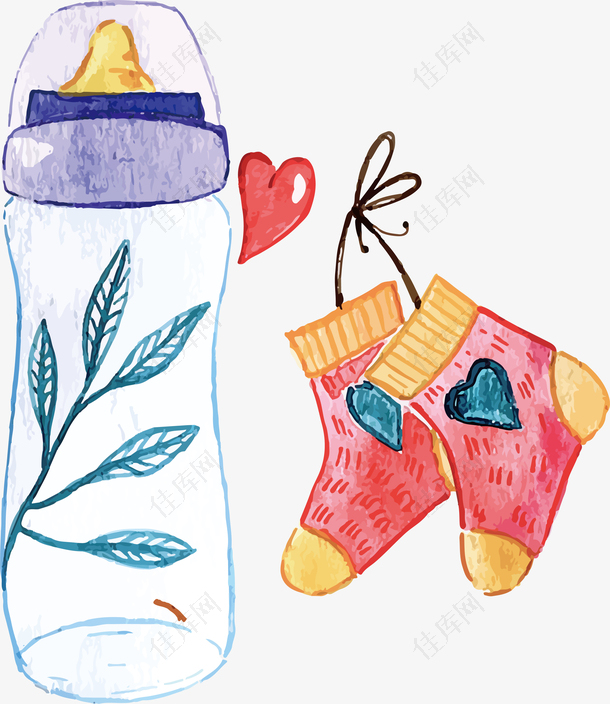水彩水墨卡通婴儿用品奶瓶袜子素