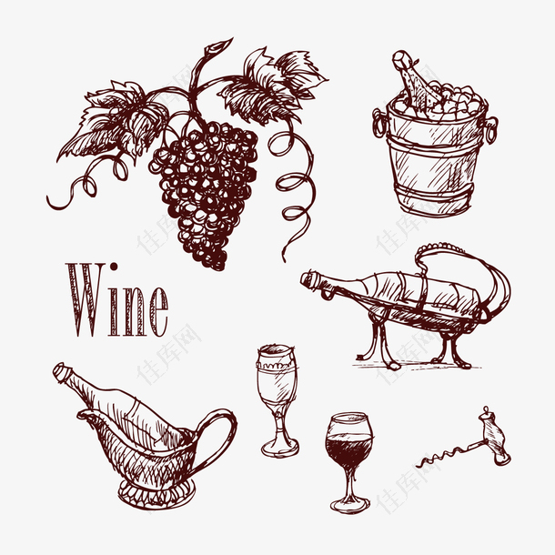 手绘葡萄和酒瓶