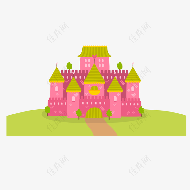 卡通风粉色公主森林城堡矢量图
