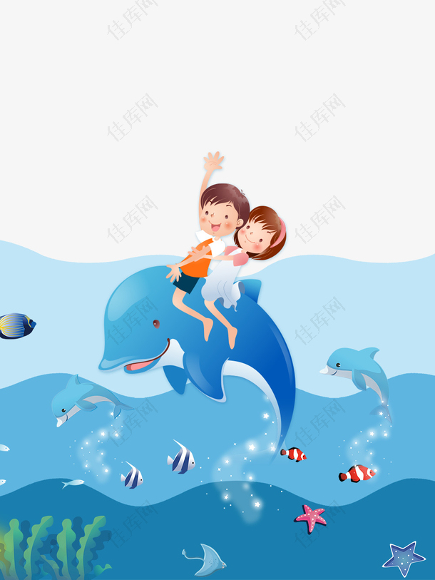 免抠卡通手绘骑在海豚上的孩子